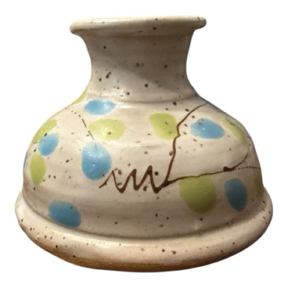 Vintage Pottery Bud Vase Signed Speckled Glaze Blue Green Dots Handmade 2.75in